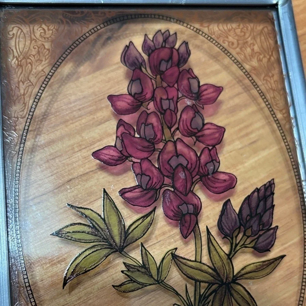 Vintage Lupine Floral Art Painted‎ Glass Sun Catcher w/ Metal Border 5.25